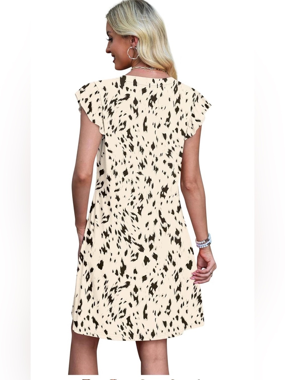 🆕 Casual Ruffle Sleeve V Neck Loose Swing Sundresses with Pockets Plain/Print - Picture 2 of 3